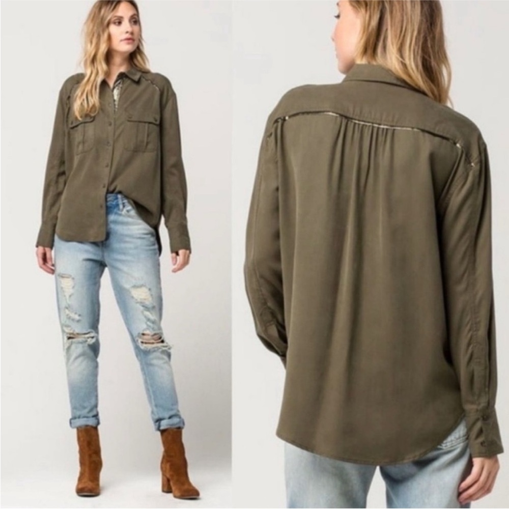 Free People Off Campus Button Down Shirt Metallic Trim